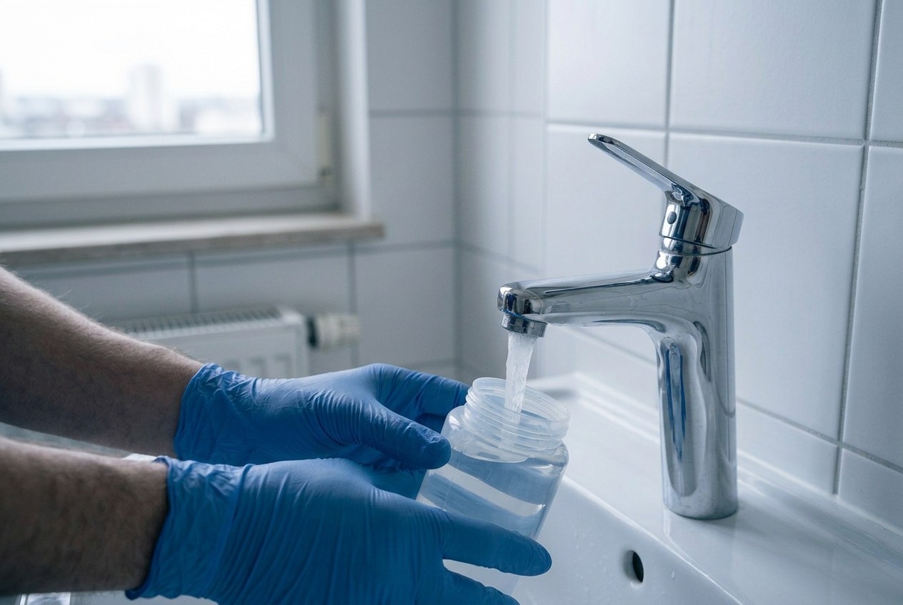 Probenahme am Wasserhahn mit Handschuhen
