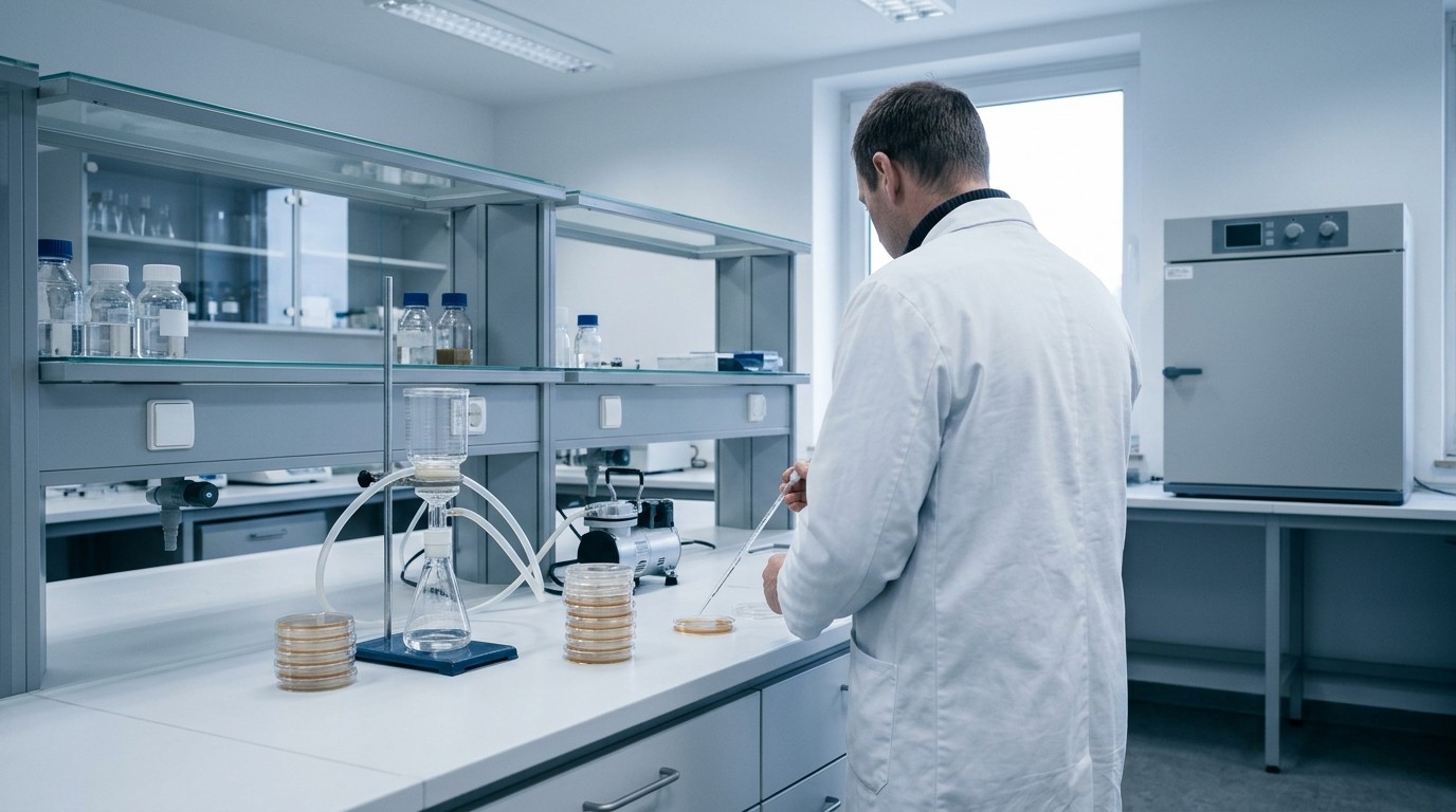 Laborarbeitsplatz mit Filtrationsgerät und Petrischalen